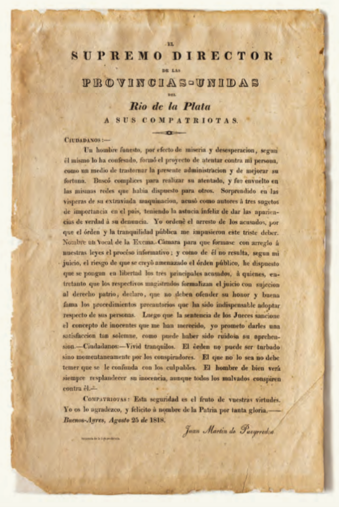 Bando sobre un atentado fallido sobre la persona de Juan Martín de Pueyrredon, agosto 1818