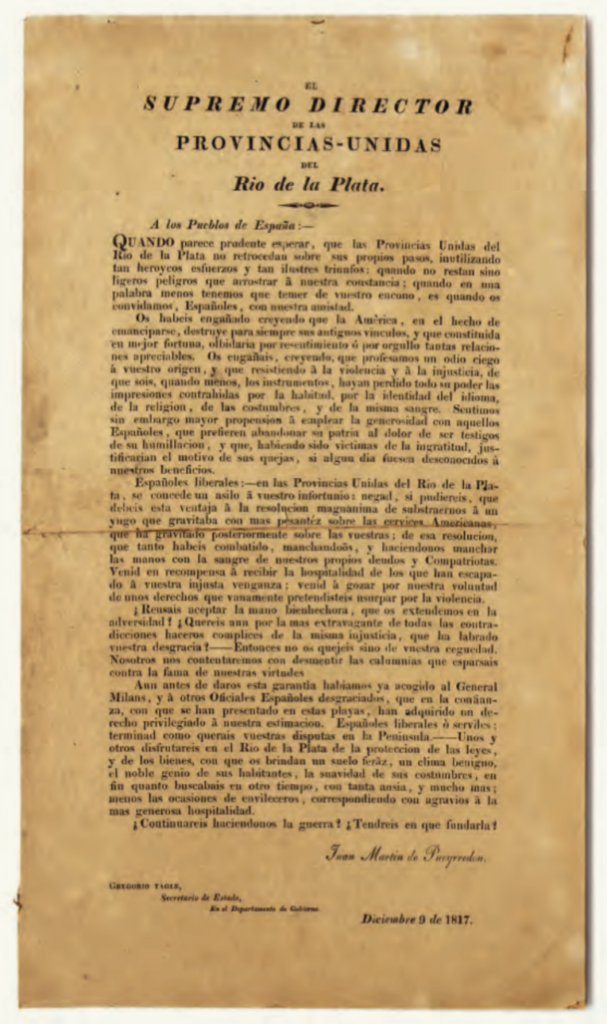 Del Supremo Director Juan Martin de Pueyrredon a los pueblos de España - año 1817