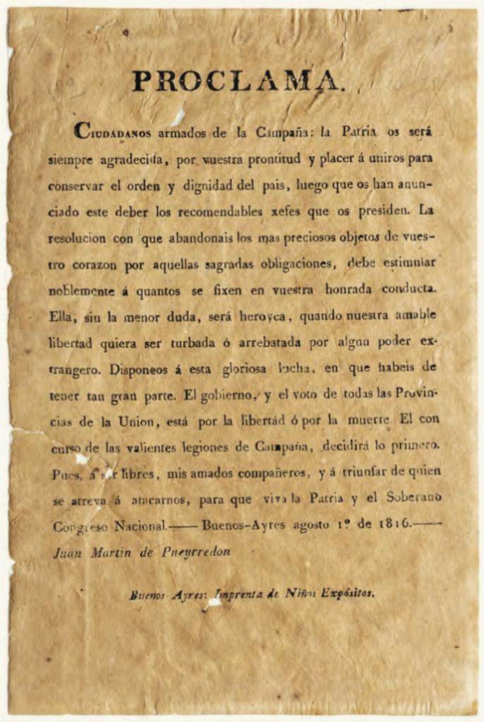 Proclama en defensa del territorio y la soberanía nacional, agosto 1816