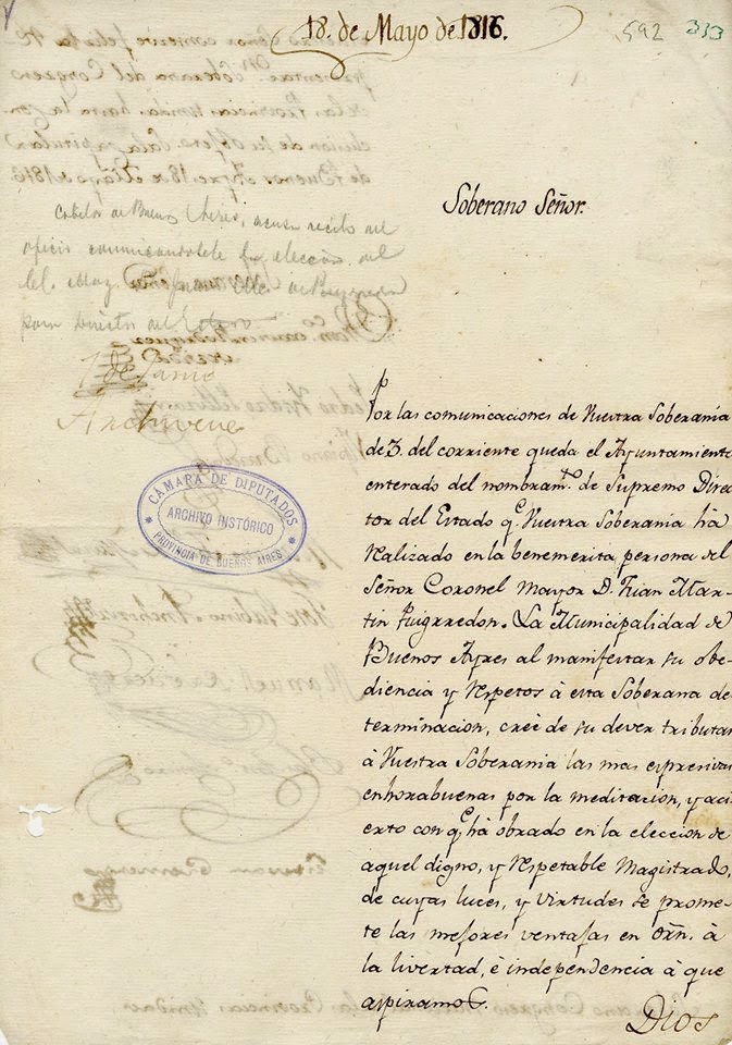 Nombramiento de Juan Martín de Pueyrredon como Director Supremo  Oficio del Cabildo de Buenos Aires al Congreso. Acusa recibo del oficio comunicándole la elección de Juan Martín de Pueyrredón como Director Supremo.