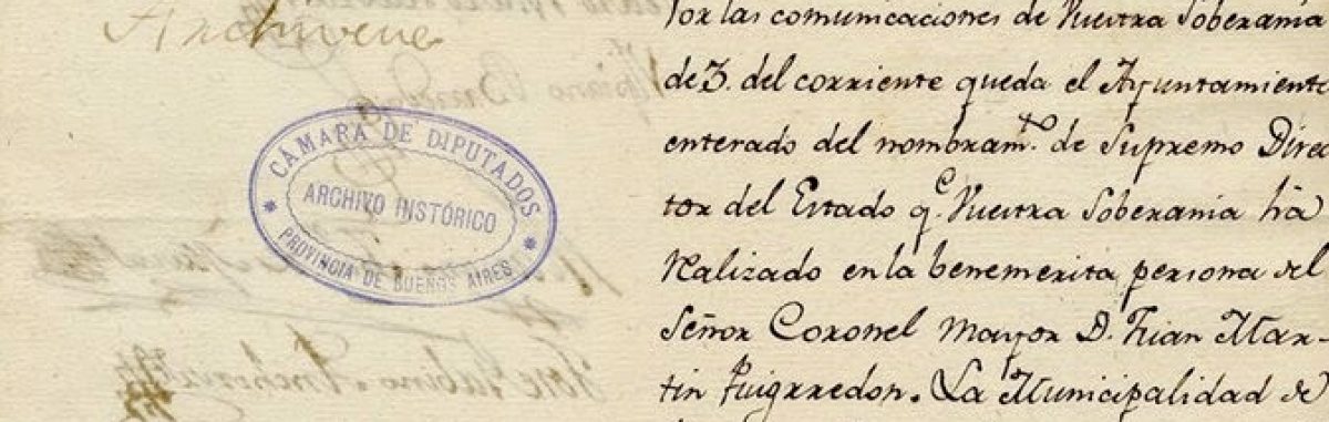 Nombramiento de Juan Martín de Pueyrredon como Director Supremo  Oficio del Cabildo de Buenos Aires al Congreso. Acusa recibo del oficio comunicándole la elección de Juan Martín de Pueyrredón como Director Supremo.