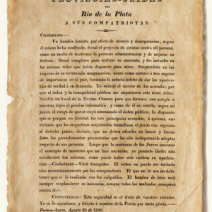 Bando sobre un atentado fallido sobre la persona de Juan Martín de Pueyrredon, agosto 1818