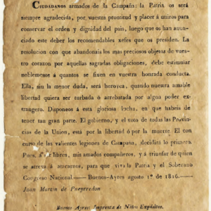 Proclama en defensa del territorio y la soberanía nacional, agosto 1816